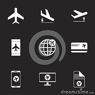 Icons for theme Airport. Black background Vector Illustration