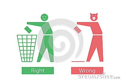 Icons with man and pig that throw away waste Vector Illustration