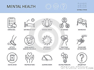 Icons 15 top tips for good mental health. Editable stroke. Get enough sleep eating well. Avoid alcohol, smoking manage stress. Vector Illustration