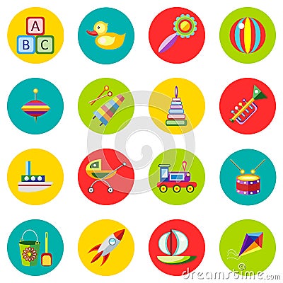 Icons of toys in the flat style. Vector image on a round colored background. Element of design, interface Vector Illustration