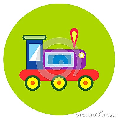 Icons trains of toys in the flat style. Vector image on a round colored background. Element of design, interface Vector Illustration