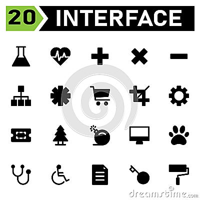 User interface icon set include flask, chemical, laboratory, lab, user interface, heartbeat, medical, activity, health, life, plus Vector Illustration