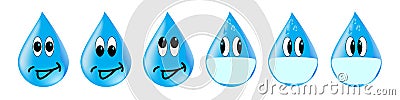Icons of water droplets with different emotions, in a mask scared looking in different directions. Vector Illustration