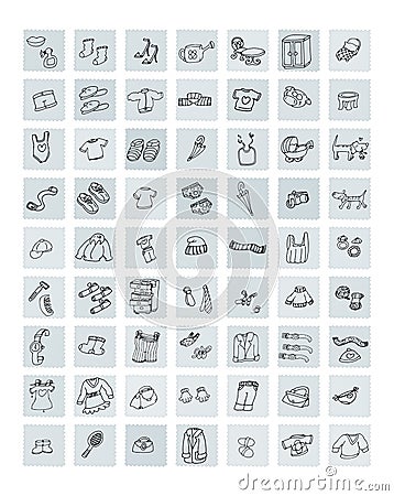 Icons for websites of clothing, hats, jackets shirts neckties shoes, socks and underwear tank top dresser and closet. Stock Photo