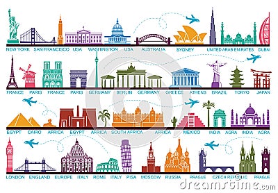 Icons world tourist attractions. The symbols travel around the world. Landmark and attractions Vector Illustration