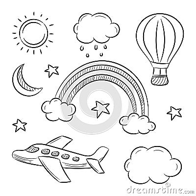 Sky Doodle, Airplane, Cloud, moon, rainbow and sun vector illustration Cartoon Illustration