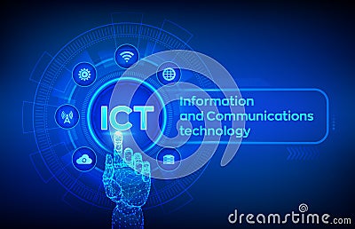 ICT. Information and communication technology concept on virtual screen. Wireless communication network. Intelligent system Cartoon Illustration