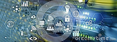 ICT - information and telecommunication technology and IOT - internet of things concepts. Diagrams with icons on server Stock Photo