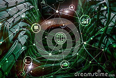 ICT - information and telecommunication technology and IOT - internet of things concepts. Diagrams with icons on server room back Stock Photo