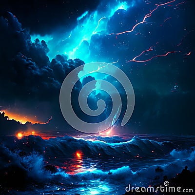 Picture a powerful storm raging over the vast expanse of the ocean Stock Photo