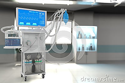 ICU artificial lung ventilator with fictive design in bright hospital with bokeh - heal coronavirus concept, medical 3D Cartoon Illustration