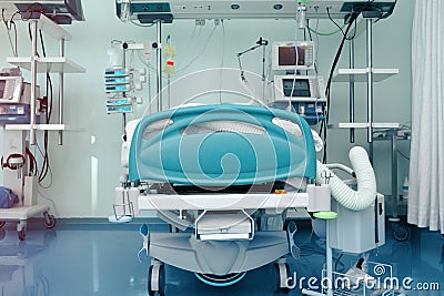 ICU bed surrounded by advanced artificial lung ventilation devices and other life support equipment Stock Photo