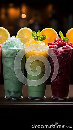 Icy fruit slushies stand united in plastic cups, forming a chilly lineup Stock Photo