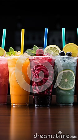 Icy fruit slushies stand united in plastic cups, forming a chilly lineup Stock Photo