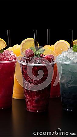 Icy fruit slushies stand united in plastic cups, forming a chilly lineup Stock Photo