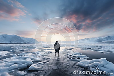 Icy lake vista, mans walking tour with natural background silhouette Stock Photo