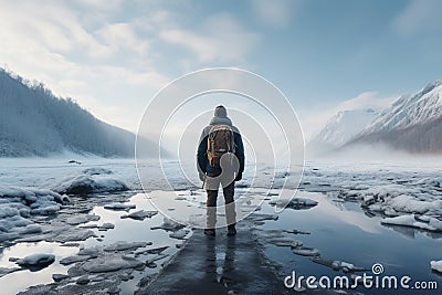 Icy lake vista, mans walking tour with natural background silhouette Stock Photo