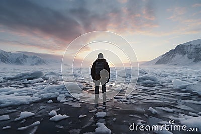 Icy lake vista, mans walking tour with natural background silhouette Stock Photo