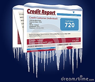 An icy, snow covered credit report in a snowstorm illustrates the idea of freezing your credit report. This is a credit freeze Cartoon Illustration