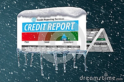 An icy, snow covered credit report in a snowstorm illustrates the idea of freezing your credit report. Cartoon Illustration