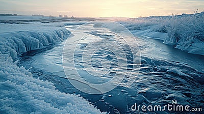Icy Terrain, Close-Up of a Frozen River with Intricate Ice Patterns, Soft Morning Light, Capturing the Beauty and Danger Stock Photo