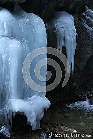 Icycles in canyon DolnÃ© diery JÃ¡noÅ¡Ã­kove diery in MalÃ¡ Fatra mountains Stock Photo