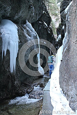 Icycles in canyon DolnÃ© diery JÃ¡noÅ¡Ã­kove diery in MalÃ¡ Fatra mountains Editorial Stock Photo