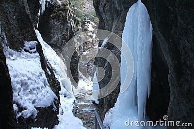 Icycles in canyon DolnÃ© diery JÃ¡noÅ¡Ã­kove diery in MalÃ¡ Fatra mountains Stock Photo