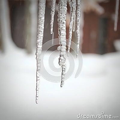 Icycles hanging from rooftop. Closeup. Stock Photo