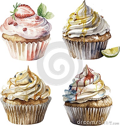 Watercolor cupcakes collection, different type, shape of cupcakes. Sweet tasty food illustration Cartoon Illustration