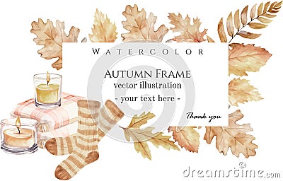 Watercolor vector autumn floral banner with golden dried leaves, flowers, fall essential - leaf frame borde. Vector Illustration