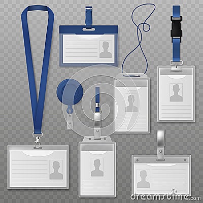 Id badge. Identification plastic cards with holders and neck lanyards for security, press conference visitors. Realistic Vector Illustration