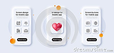 Id card, Frying pan and Qr code line icons pack. For web app. 3d phone mockups. Vector Vector Illustration