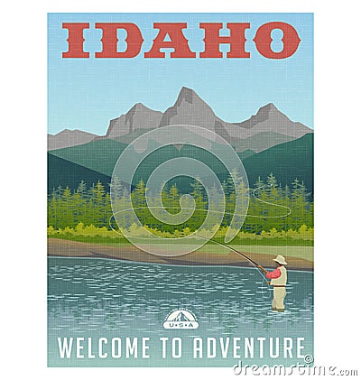 Idaho, travel poster of mountain stream and fly fishing Vector Illustration