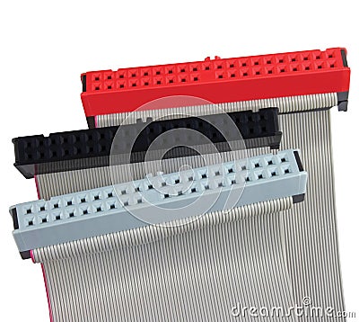 IDE connectors and ribbon cables for hard drive on PC computer, isolated, red, grey, black, macro closeup Stock Photo