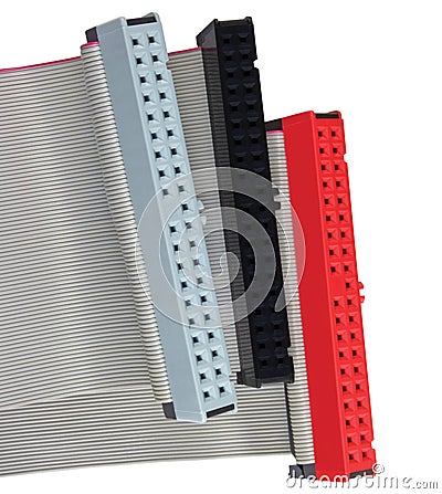 IDE connectors and ribbon cables for hard HDD drive on PC computer, isolated, red, grey, black, macro closeup Stock Photo