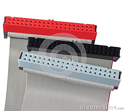 IDE connectors and ribbon cables for PC computer hard drive, isolated, red, grey, black, large detailed macro closeup, vertical Stock Photo