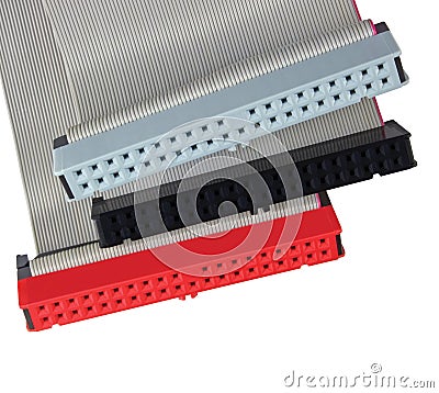 IDE connectors and ribbon cables for PC computer HDD hard drive, red, grey, black, large detailed macro closeup Stock Photo