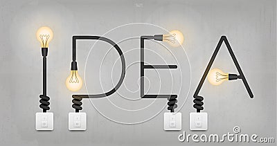 `IDEA` Abstract linear alphabet of electric wire with light bulb and light switch. Cartoon Illustration