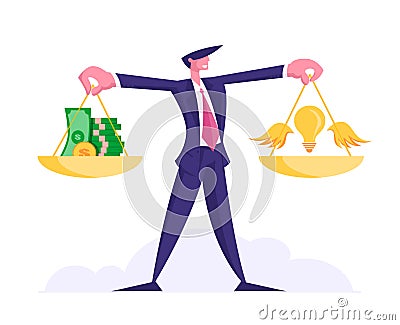 Idea Bring Money Concept. Cheerful Businessman Holding Gold Weights with Stack of Coins and Banknotes Vector Illustration