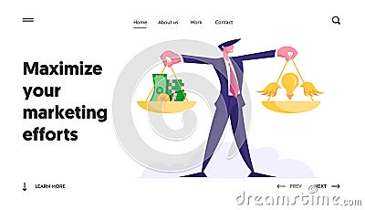 Idea Bring Money Website Landing Page. Businessman Hold Gold Weights with Stack of Coins and Banknotes Vector Illustration