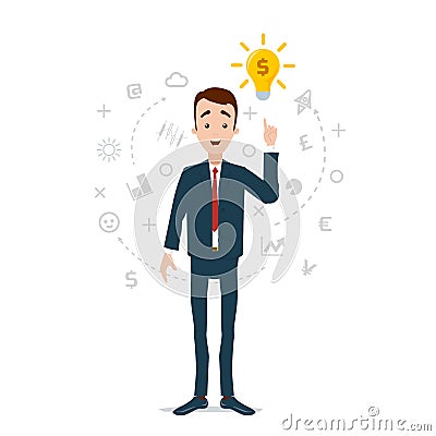 The idea came to the businessman, the light bulb caught fire. A cloud of thoughts and ideas Vector Illustration