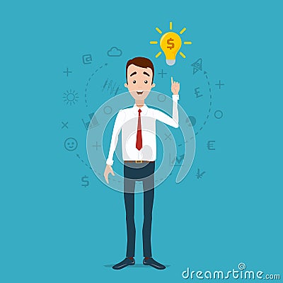 The idea came to the businessman, the light bulb caught fire. A cloud of thoughts and ideas Vector Illustration