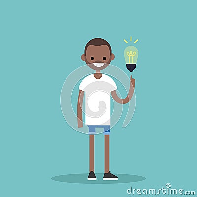 Idea Concept. Aha moment. Young smiling black boy is pointing Cartoon Illustration