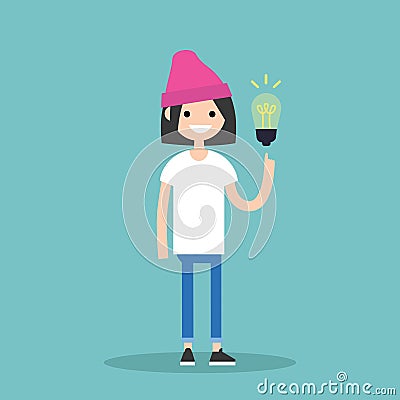 Idea Concept. Aha moment. Young smiling girl is pointing a finger on the light bulb / flat editable vector illustration Cartoon Illustration