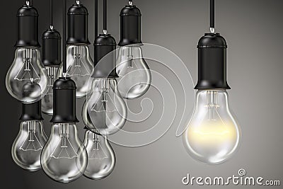 Idea concept, group of lightbulbs in the dark. 3D rendering Stock Photo