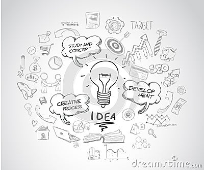 Idea concept with light bulb and doodle sketches infographic Vector Illustration