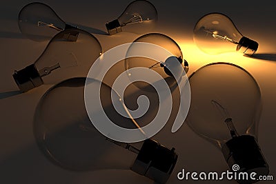 Idea concept realistic lightbulbs with light in 3D rendering Stock Photo