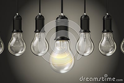 Idea concept, row from lightbulbs. 3D Stock Photo