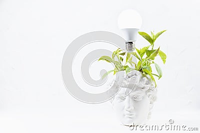Idea concept with thinking head of antique statue David with green wreath of leaves as fresh thoughts and glow light bulb head. Stock Photo